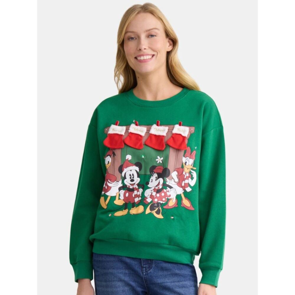 NEW NWT Green Sz XS MICKEY MOUSE Christmas Holiday LIGHT UP Roomy Sweatshirt